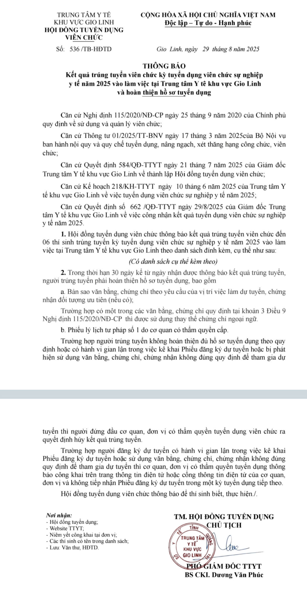 Thông báo kết quả trúng tuyển viên chức kỳ tuyển dụng viên chức sự nghiệp y tế năm 2025 vào làm việc tại Trung tâm Y tế khu vực Gio Linh  và hoàn thiện hồ sơ tuyển dụng